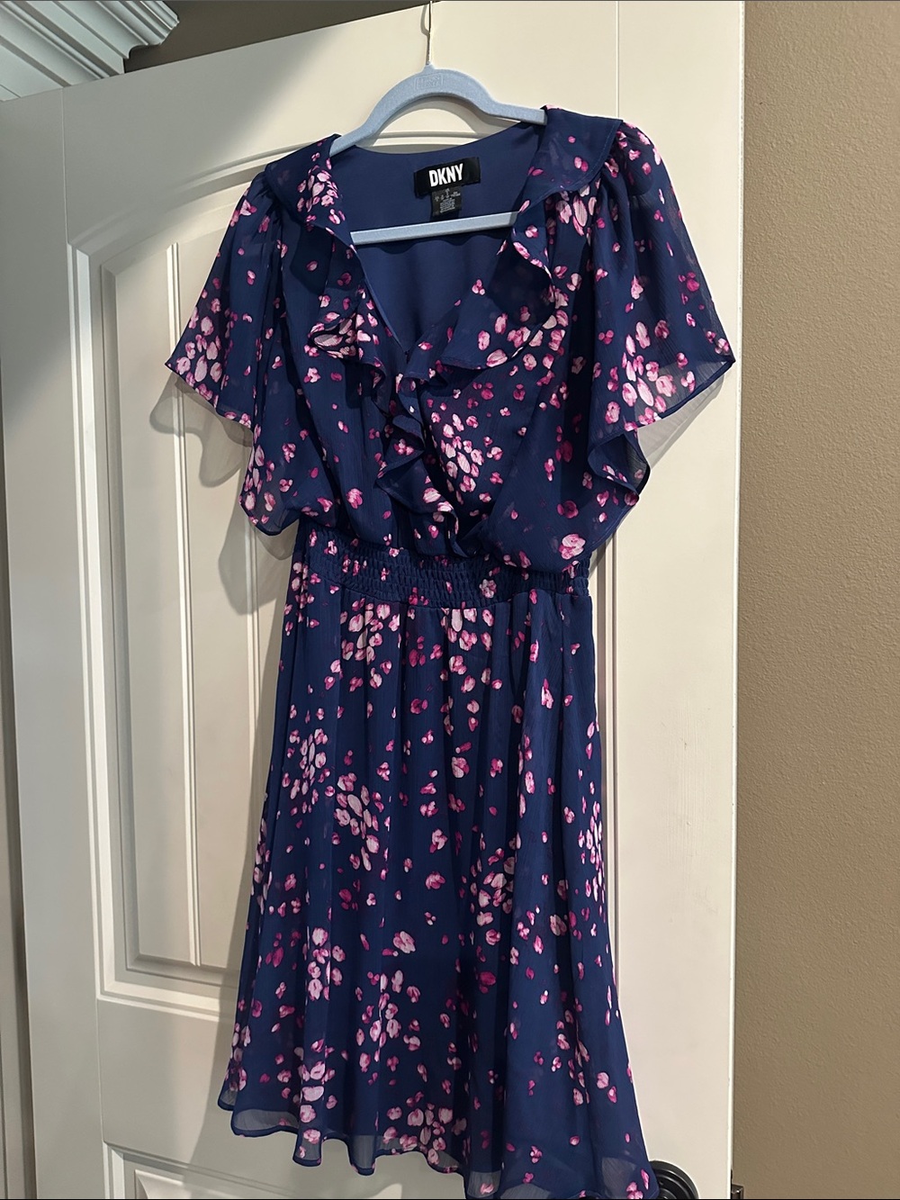 DKNY Navy Dress with Pink Floral Ruffle Details